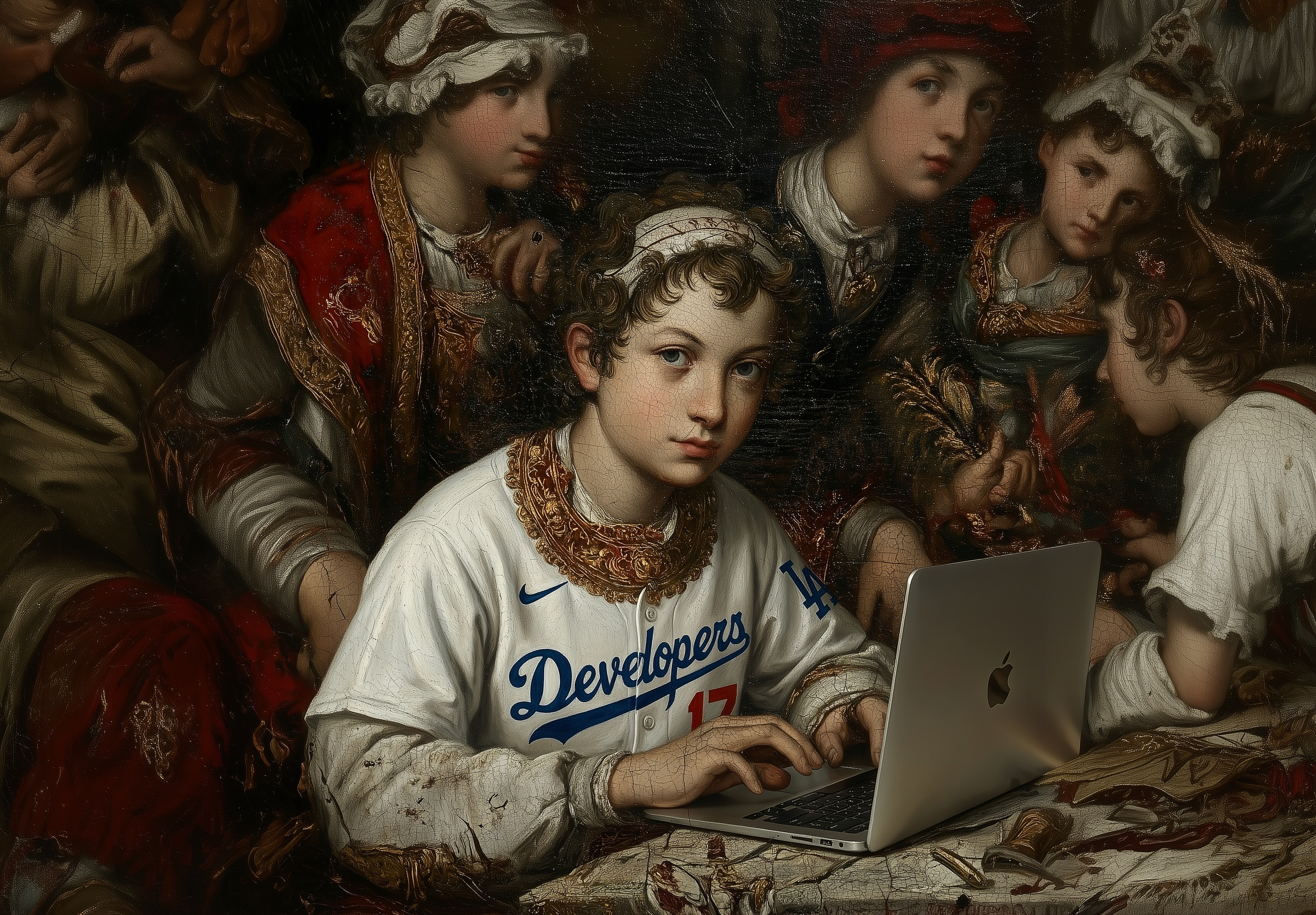 young medieval knights templar wearing a white baseball jersey with blue lettering "Developers" and the red number "17" typing on a Macbook, Renaissance oil painting